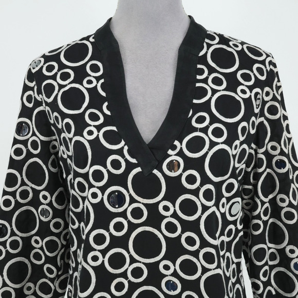 Ann Taylor Top Womens 8 Black White Embroidered Cotton Tunic Sequins Side Zip - Picture 7 of 13